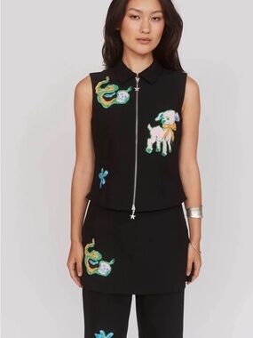 Lazy Oaf Black Sleeveless Zip Front Top with Pink Lamb & Multicolor Patches